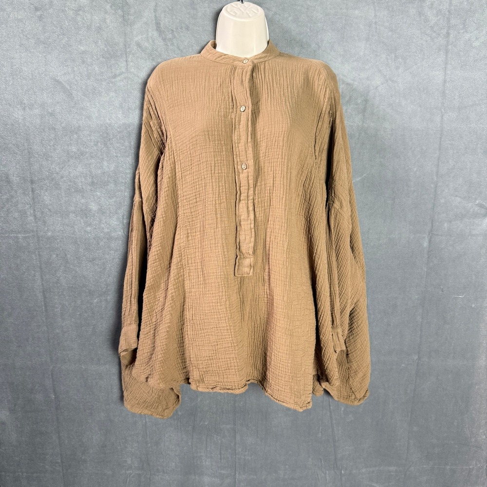 Three Bird Nest Oversized Gauze Tunic Top Women Small Tan Brown Boho Lagenlook